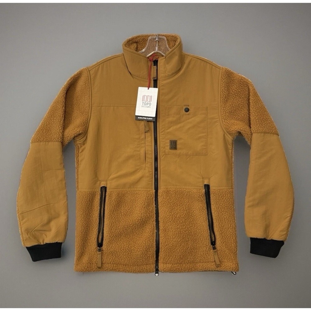 Topo Designs Jacket Mens XL Tan Black Subalpine Fleece Zip Pockets Sherpa